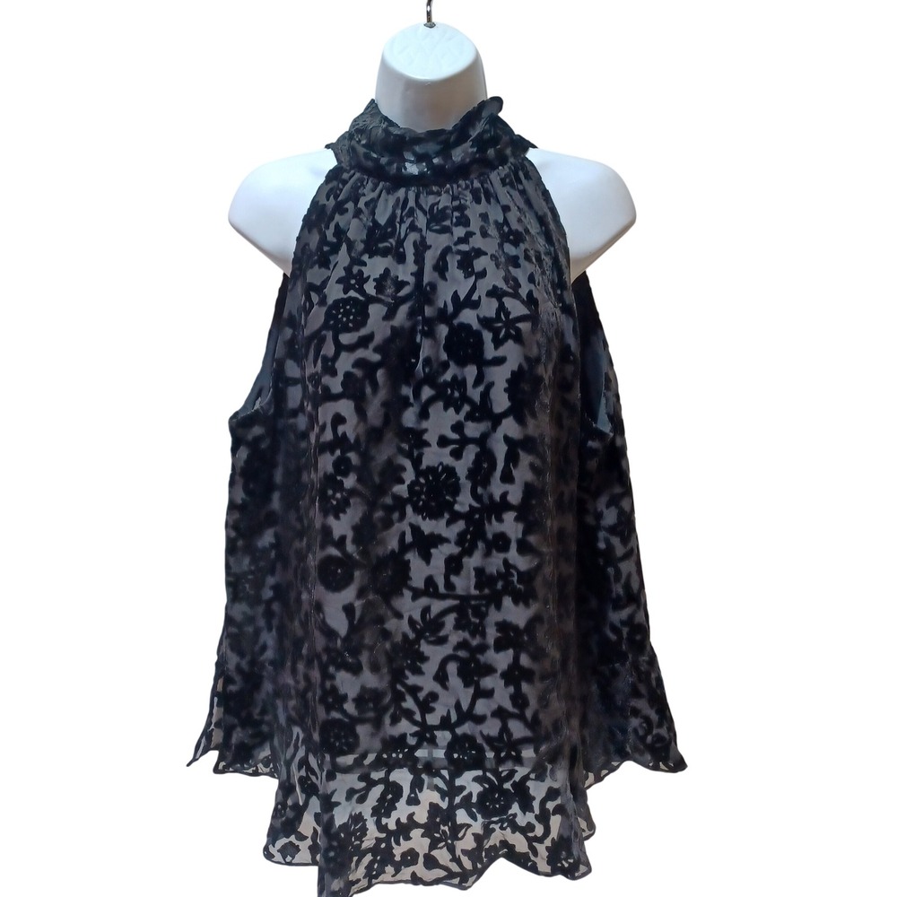 Max Edition Womens XL Burnout Velvet Blouse Black Halter Tie Back Whimsigoth